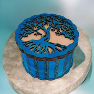 Boîte à Bijoux Artisanale "Arbre de Vie" – Bois de Tilleul Bleu Azur
