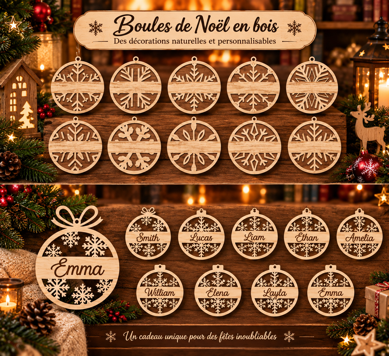 Boule de Noël en Bois Gravée & Personnalisable