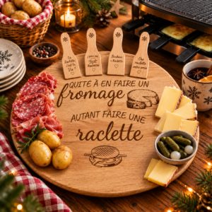 Ensemble "Raclette" Plateau à Fromage et 4 Spatules en Bois